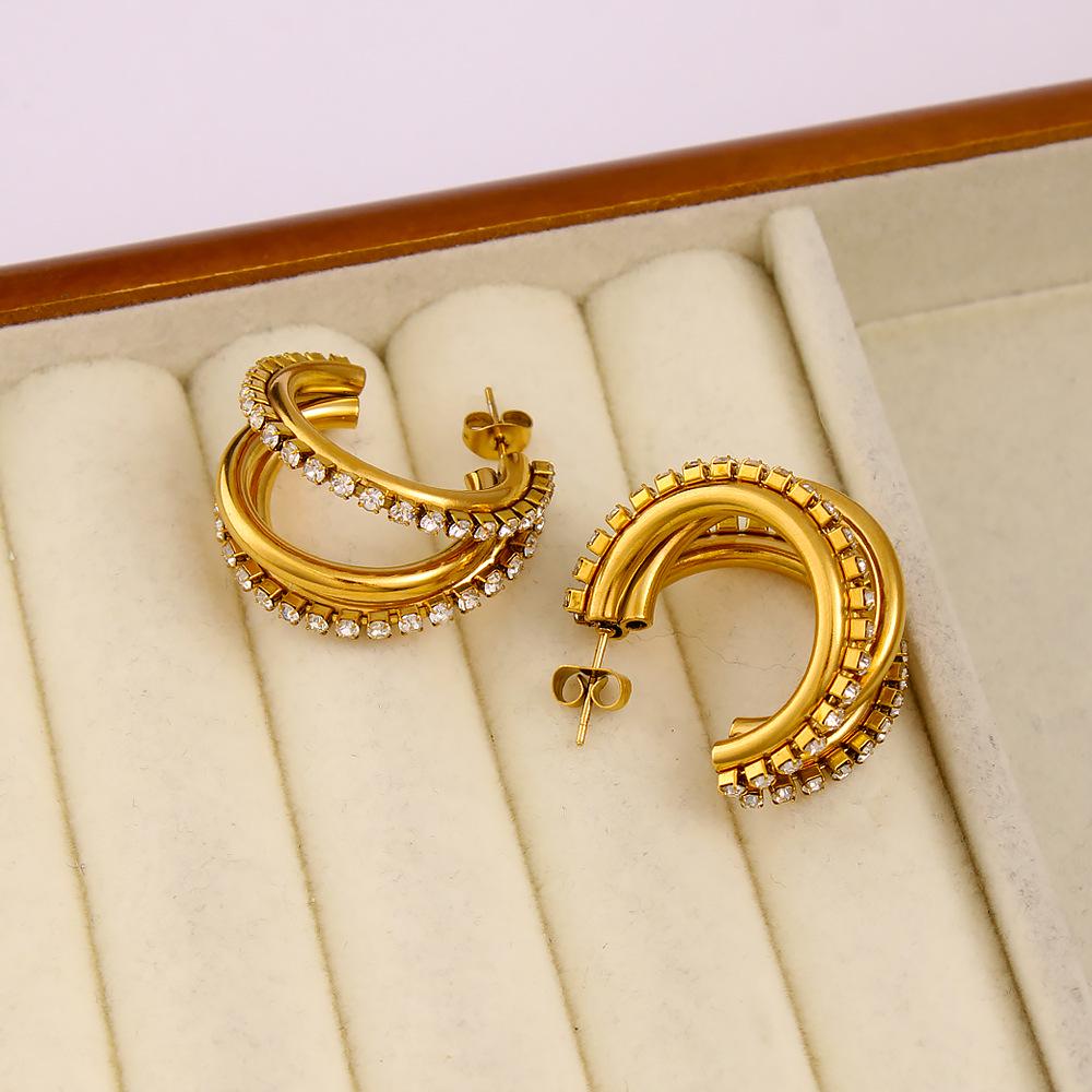 Elegant C-Shaped Diamond Stud Earrings: Women's Trendy Titanium Design