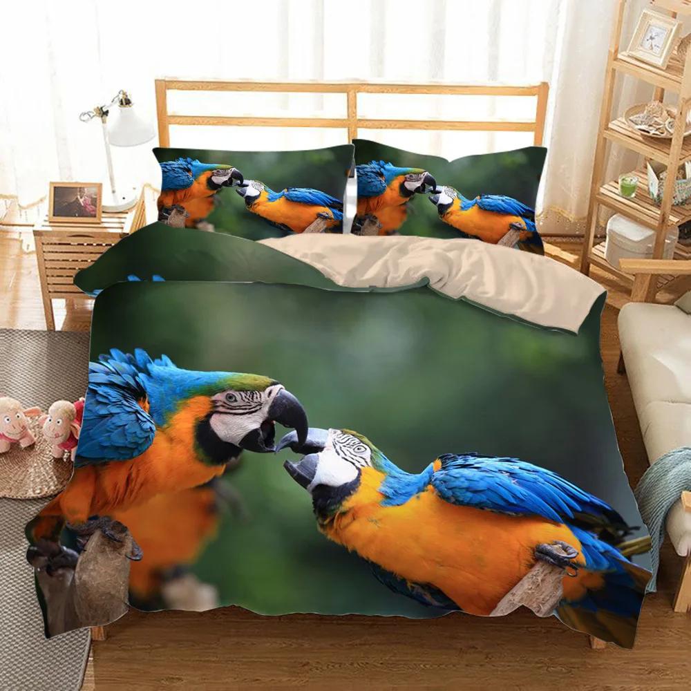 Macaw Bedding Set King/Queen Size Colourful Parrot Duvet Cover Boys Natural Tropical Green Plant Bird Polyester Quilt Cover