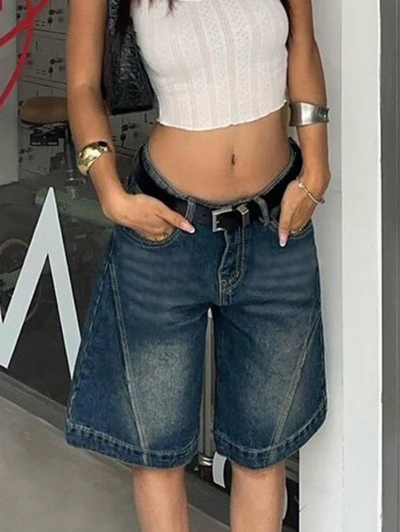 

Rose Beauty A WomenY2K Street Vintage Washed Slant Pocket Cat Whiskered Trendy Edge Style Wide Leg Jeans Casual Knee Long Denim Shorts XL синий