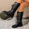 Fashion New retro high-top laced western cowboy boots for women, versatile for export, thick-heeled laced embroidered knight boots
