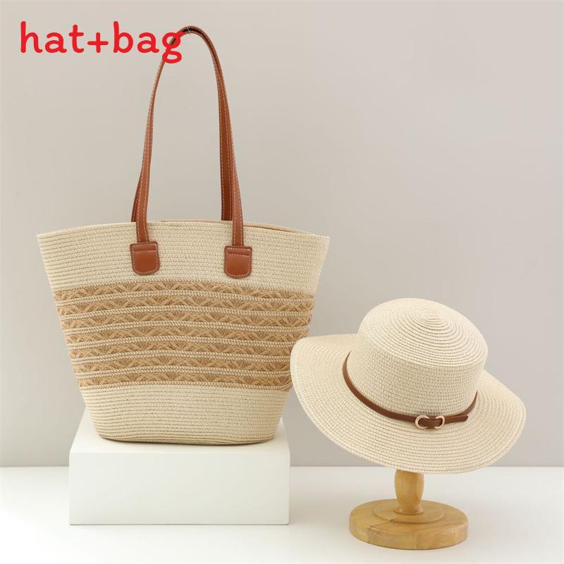 Woven Sun Hat And Large Capacity Straw Tote With Striped Pattern For Travel And Casual Wear