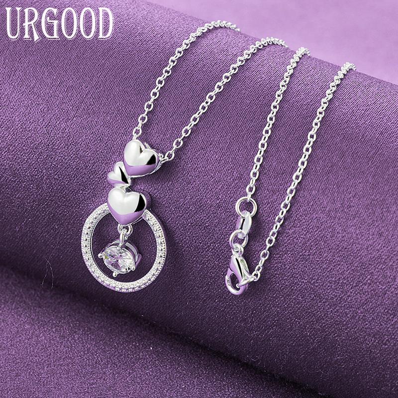 925 Sterling Silver Round Zircon with Heart-shaped Pendant Necklace, Wedding Fashion Jewelry