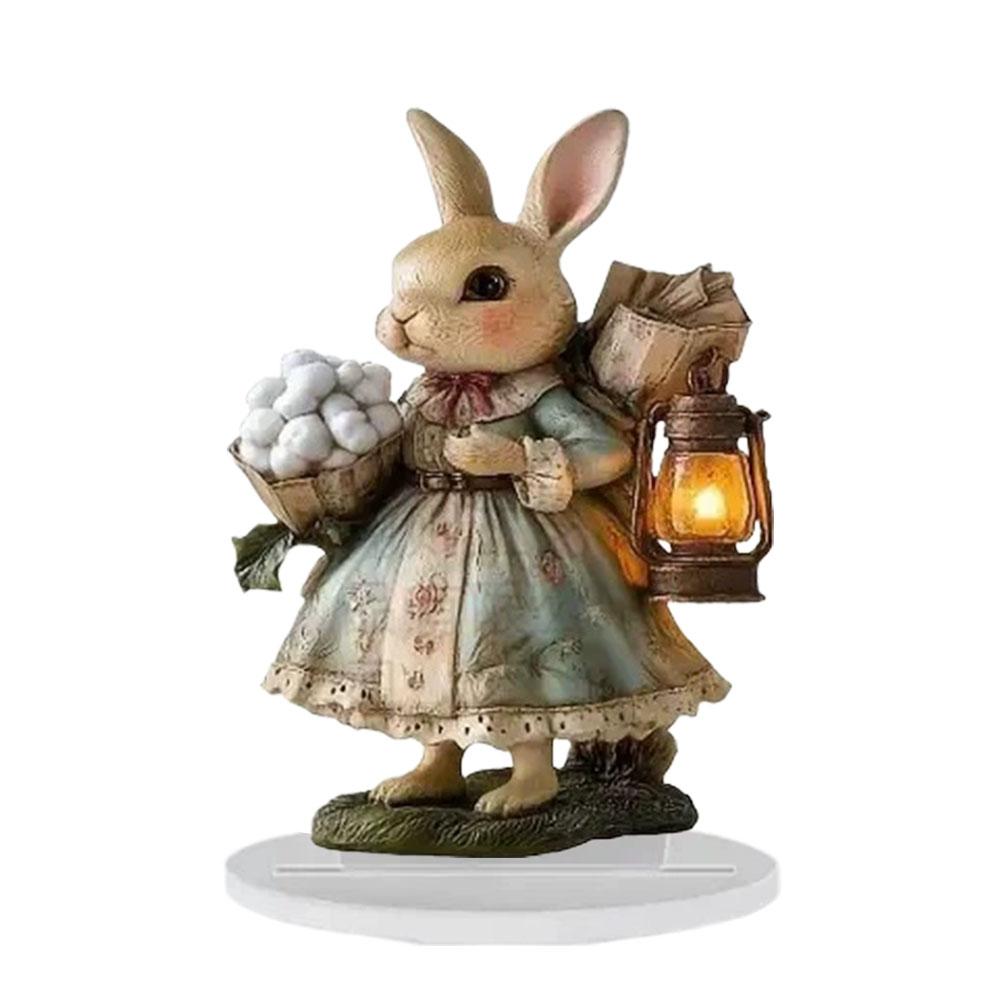 

2D Acrylic Easter Bunny Figurine Rabbit in Basket with Eggs Flowers Desktop Decoration for Home Table Easter Party Decor 2026
