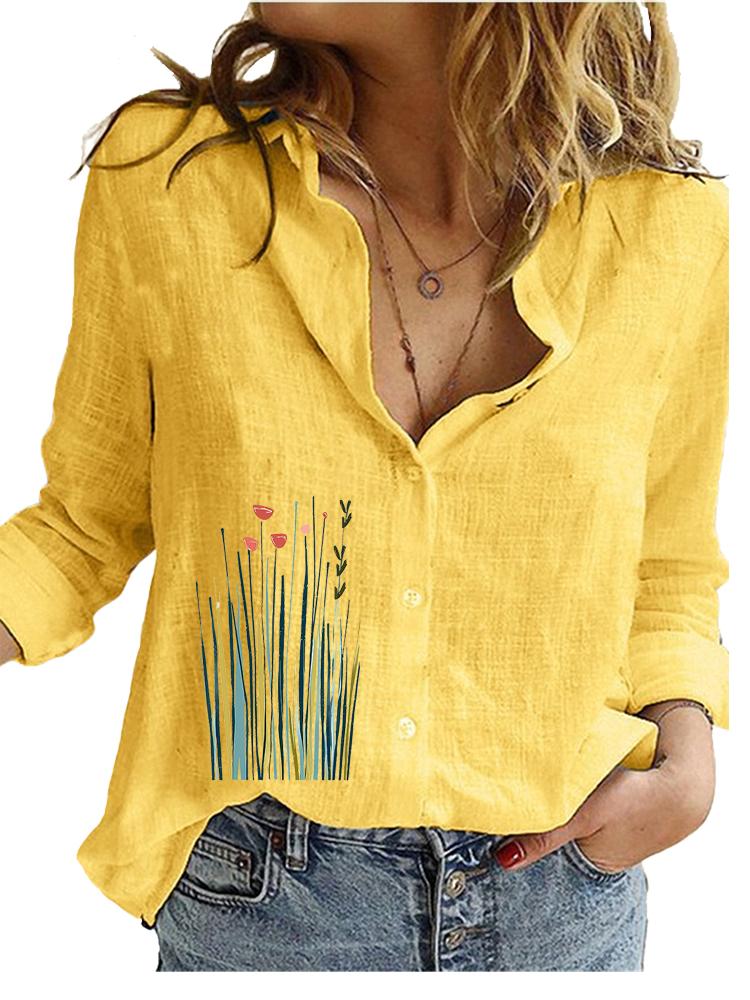 Blusa da Donna in Cotone e Lino alla Moda Primavera&Estate Top Casual Largo Camicia da Donna con Stampa Floreale a Manica Lunga