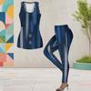 Women Plus Size Two Piece Set Scoop Neck Sleeveless Dark Blue Beige Printed Tank Top Fitted Pants