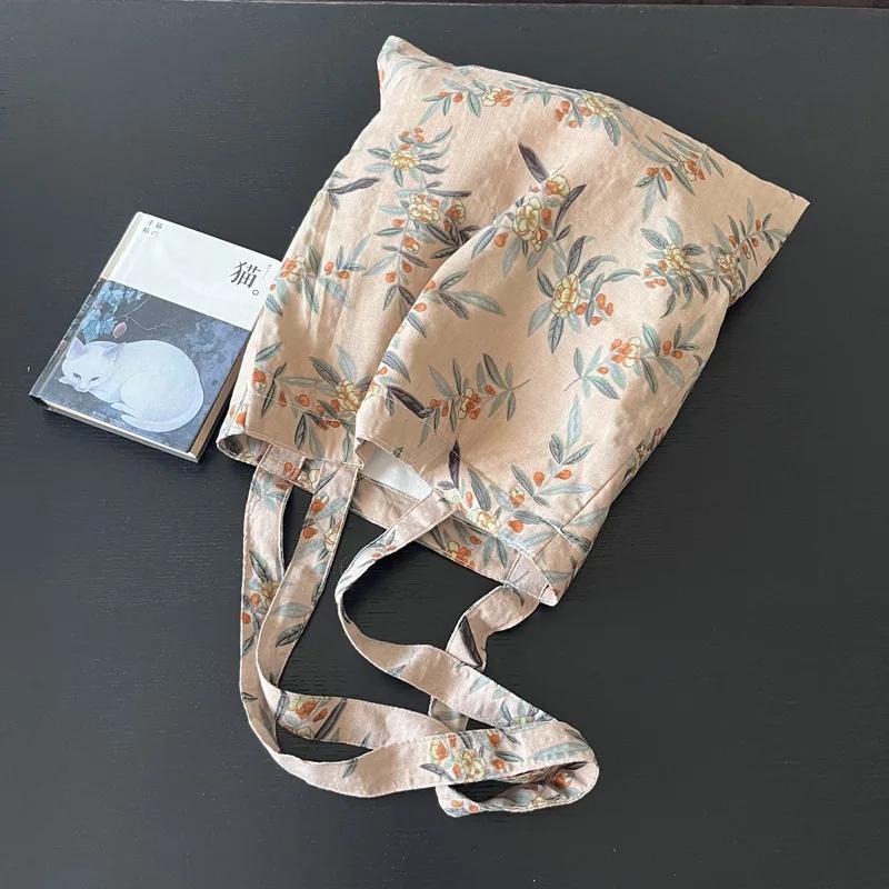 Retro Elegant Flower Women's Shoulder Bag Thin Cott Cloth Ladies Travel Shopping Bags Large Capacity Female Underarm Handbags