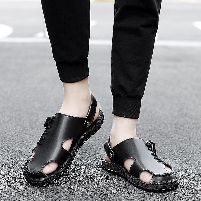 Sandals Men's Tide Summer New Style Leather Toe Cap Outdoor Leisure Sports Hollow Sandals Beach Shoes