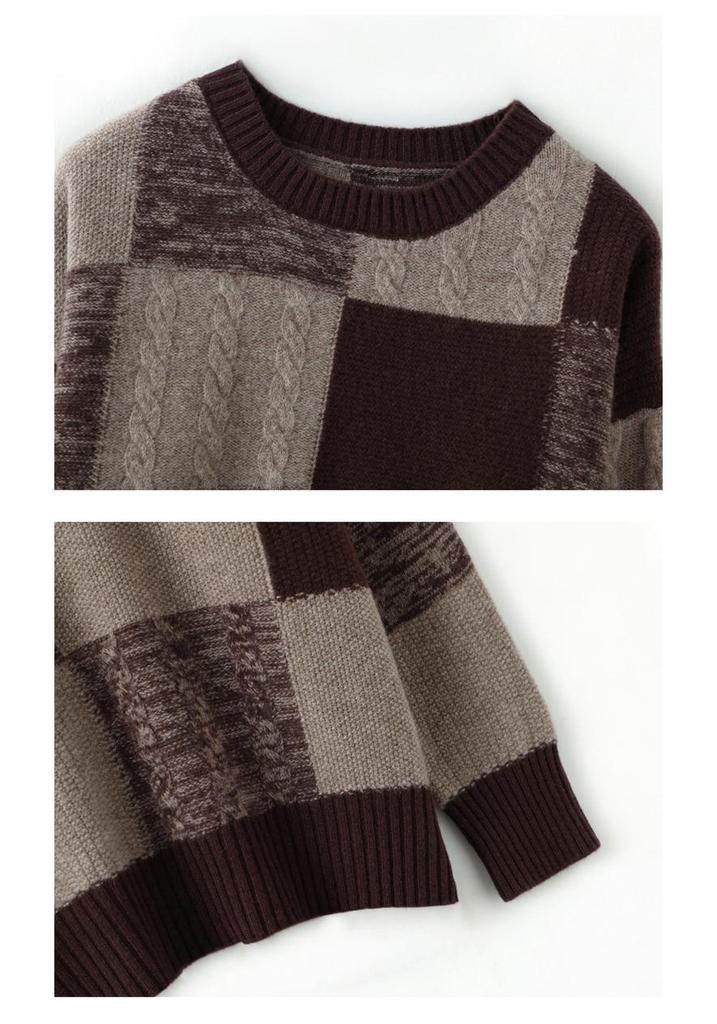 Wool Plaid Crew Neck Knitwear: 2025 Autumn/Winter Loose Pullover - Warm & Slimming Sweater