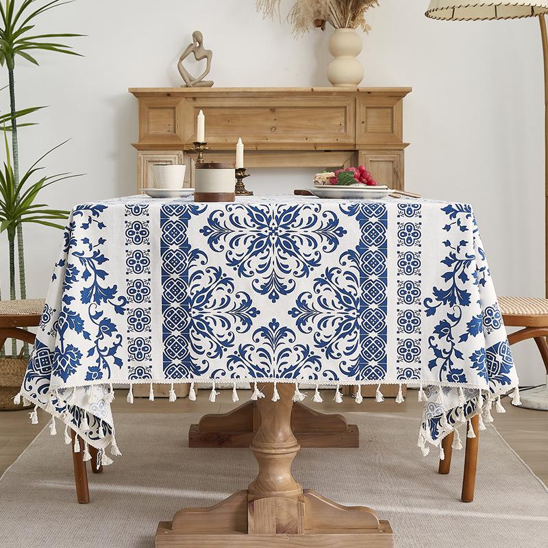 New Chinese Wind Blue and White Porcelain Tablecloth Decoration Dustproof and Heat Insulation Household Dining Table Cloth Coffee Table Tablecloth