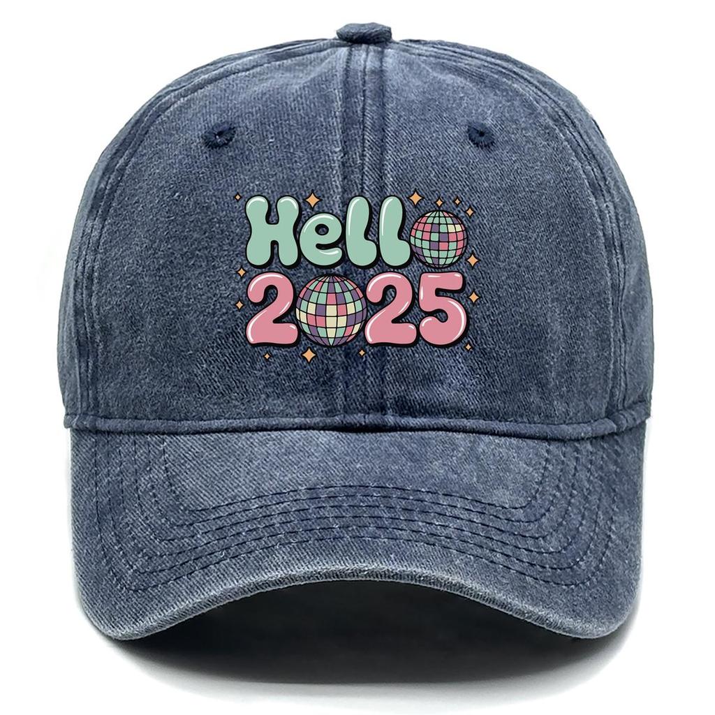 HELLO 2025" Disco Ball Print Snapback Sun Hat, Sports Hat Unisex Trendy Raw Brim Sunshade Adjustable Baseball Hat