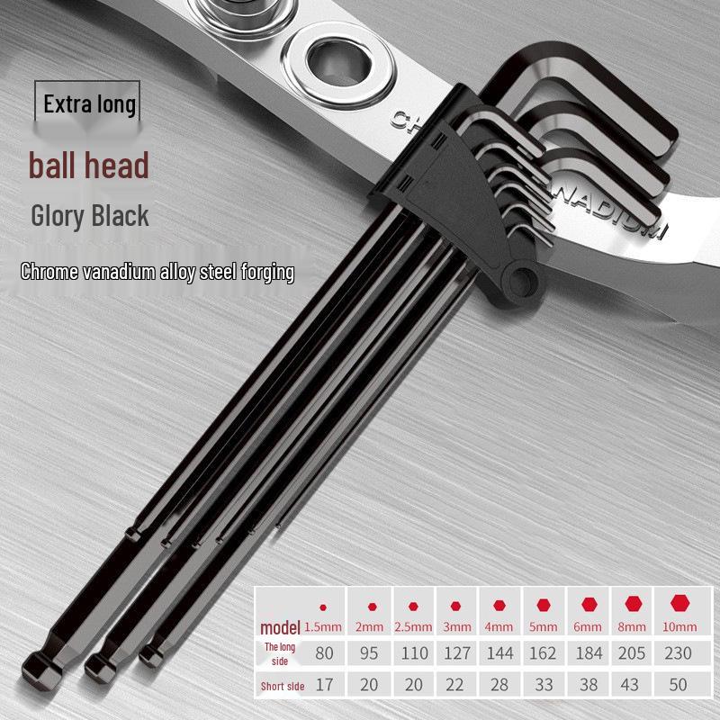 9-Piece Black Ball Head Hex Key Set - Strong Torque Hexagonal Wrench for 6-Sided Screws.