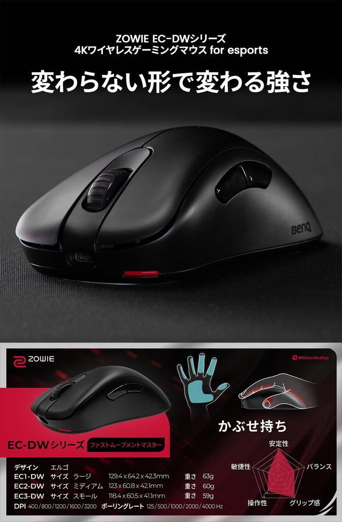 BenQ Japan BenQ ZOWIE Bezdrátová herní myš Bezdrátový přijímač EC2-DW (Střední velikost/Asymetrický/60g/Senzor 3950/4000Hz/Vylepšený