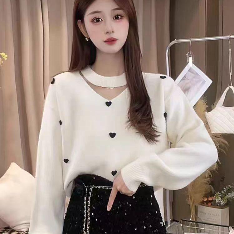 V-neck Hanging Neck Loose Sweater Women's Autumn and Winter Knitted Sweater Top