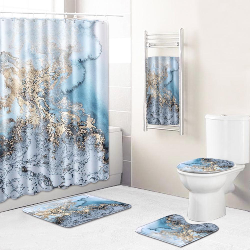 Marble Bathroom Shower Curtain Bath Towel Floor Mat Five-Piece Set Bathroom Toilet Carpet Shower Foot Mat