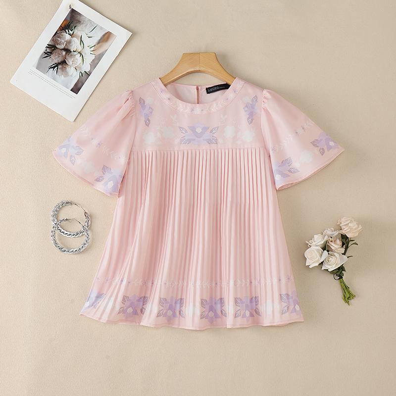 ZANZEA Women Casual Round Neck Floral Print Loose Short Sleeve Pleated Blouse