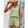 Set Due Pezzi, Tessuto Leggermente Elasticizzato Top con Scollo a V e Dettagli Finti Bottoni, Top Senza Maniche e Pantaloncini, Casual Vacanza.