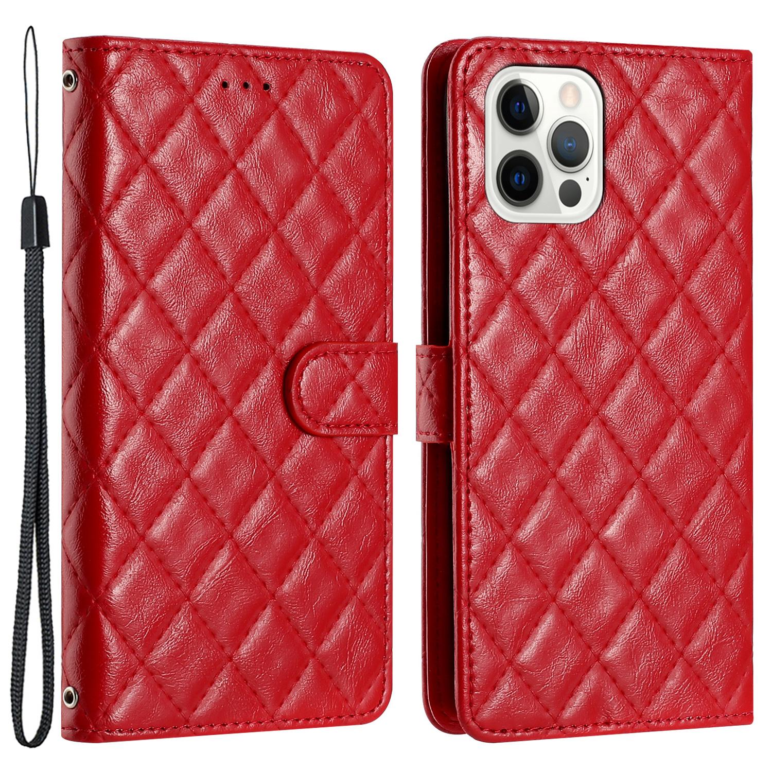 

For iPhone 12 Pro Max 6.7 inch Stitching Line Rhombus Texture PU Leather Phone Cover Wallet Shell Stand Phone Case Red