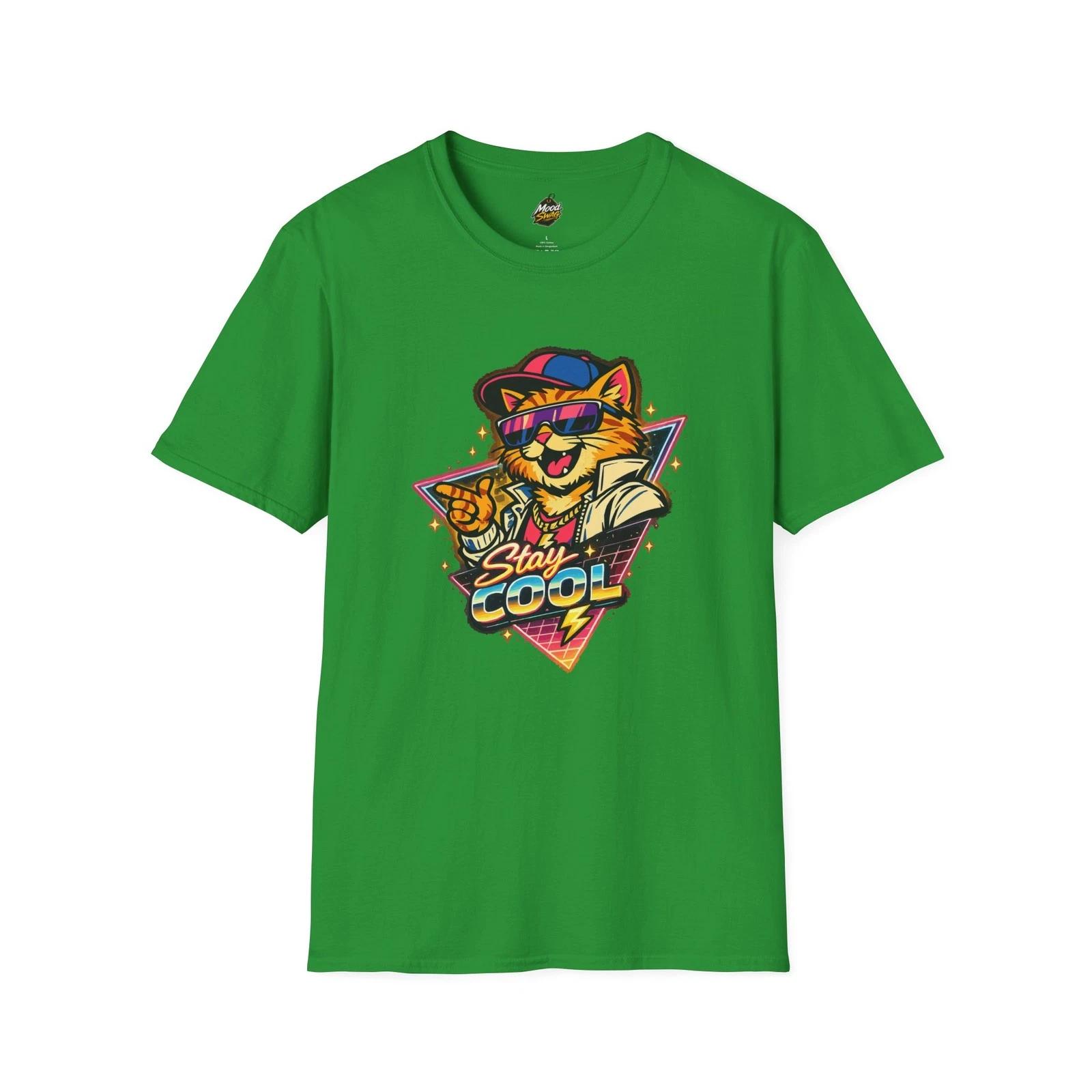 Funny Retro 80s Cat T-Shirt Stay Cool Neon Graphic Tee Gift for Cat Lovers L