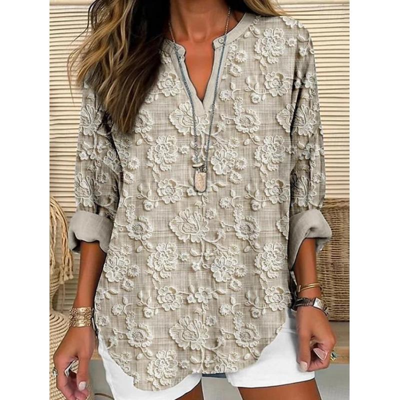 Women's Henley V Neck Long Sleeve Loose Solid Linen Blend Tunic Top Plus Size Casual Blouse