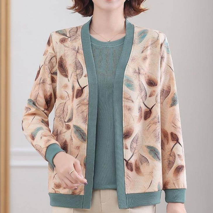 Women's Knit Top Two-Piece Set for Spring Women's Printed Knit Cardigan Round Neck Knit Short Sleeve T-Shirt Two-Piece Set Outdoor Wear