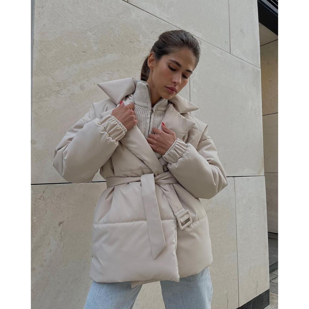 Winter New Thickened Lapel Waist-Tight Cotton Coat Women Slim Fit Solid Color Warm Padded Jacket Outerwear