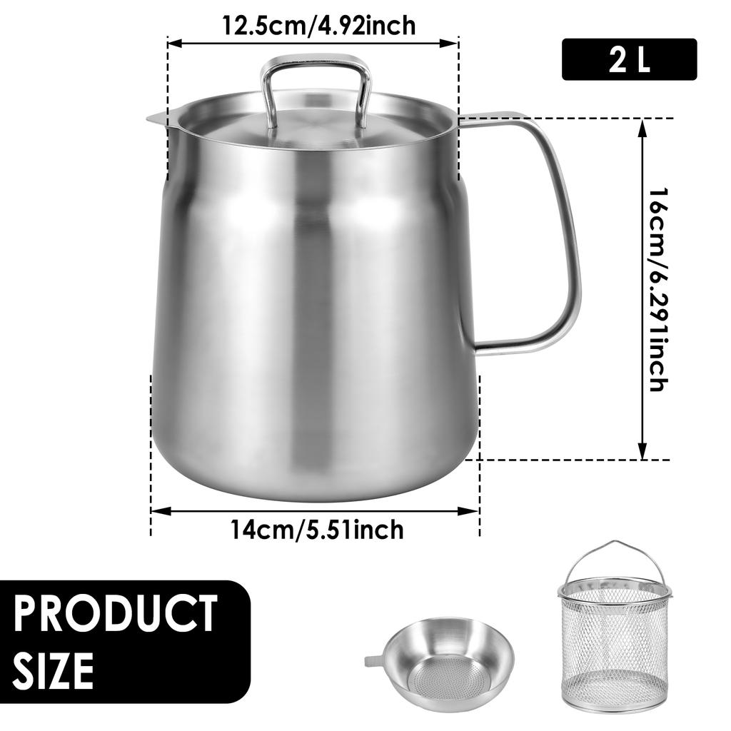 Ölfiltertopf 1,5L/2L Fritteusentopf mit Korb Edelstahl Fritteuse Nudelsiebkorb Hähnchen Frittiertes Essen Sieb