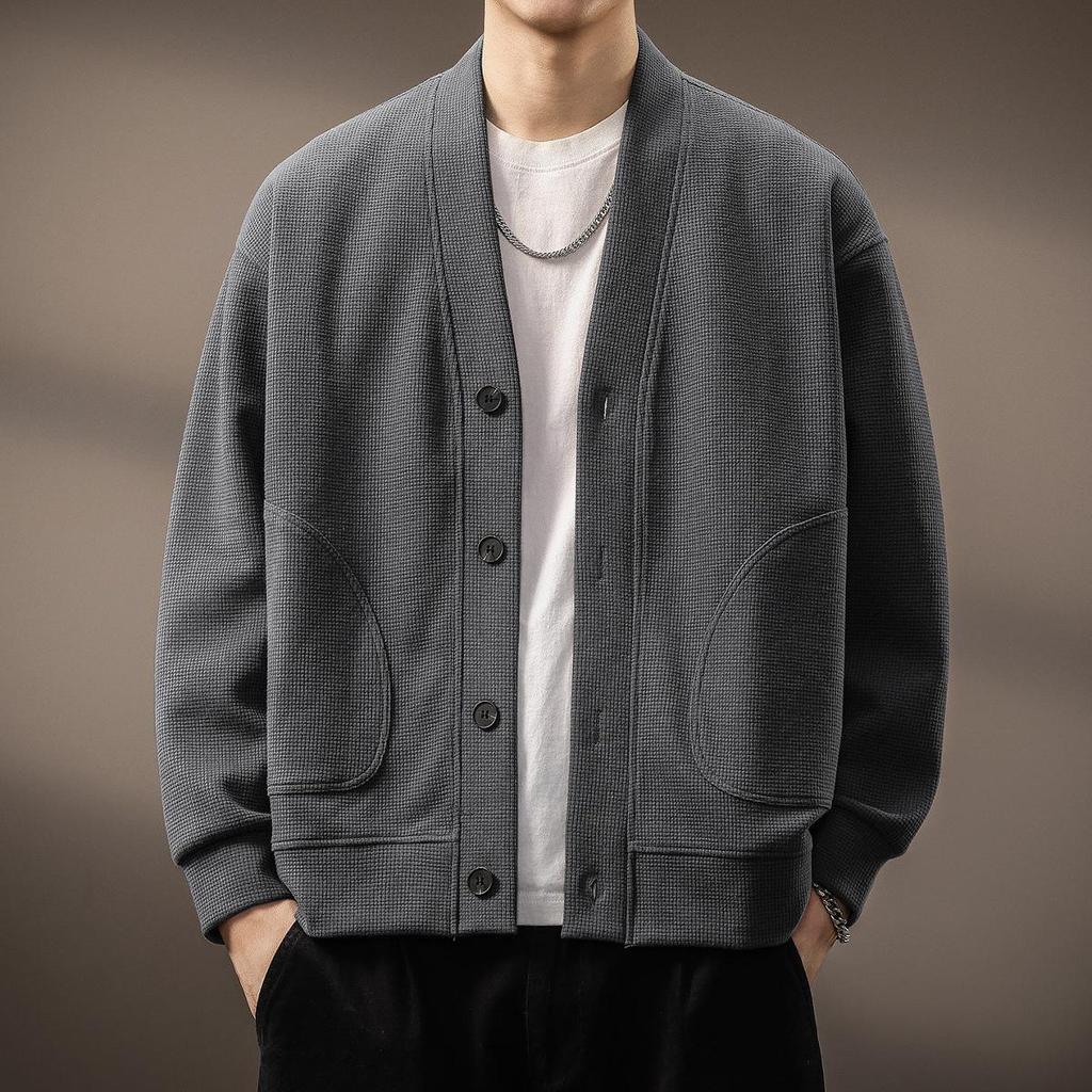 2025 Men's Japanese Retro Waffle Knit Hoodie - Winter Casual Fashion Long Sleeve Jacket