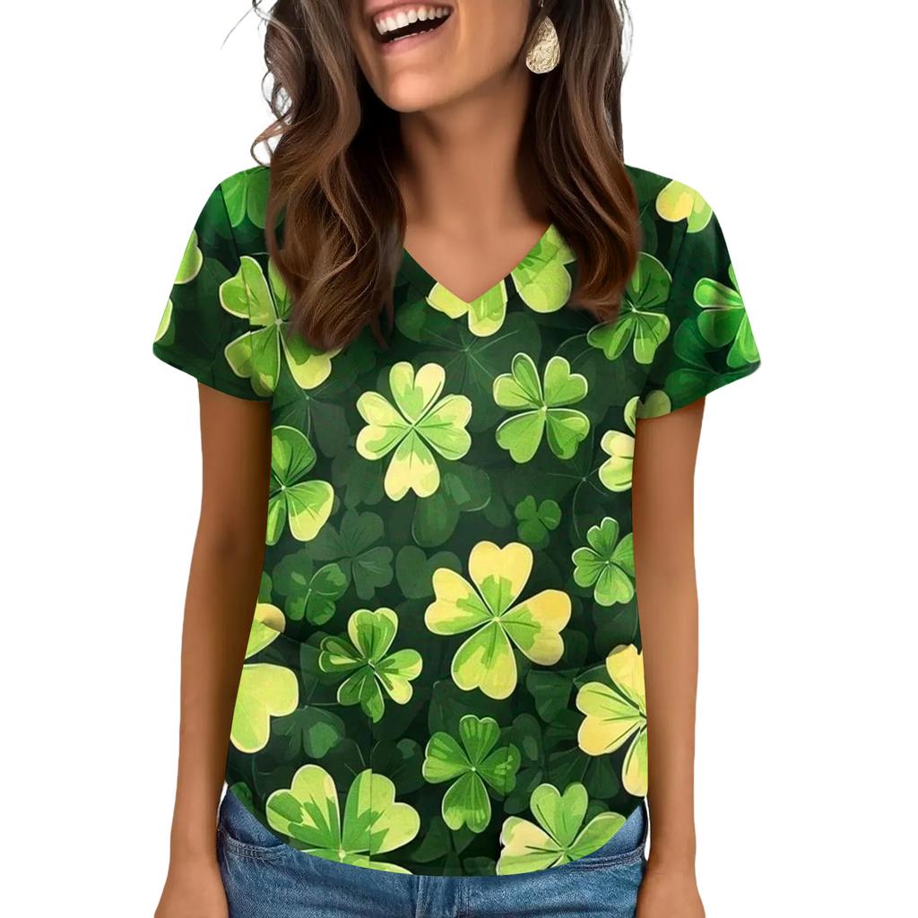 Women's V-Neck Saint Patrick's Day Print Short-Sleeve Pocket Side-Slit Top