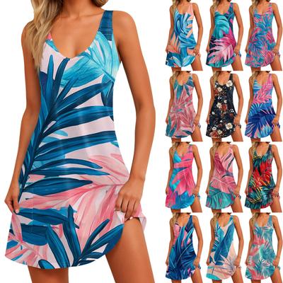 Women's Casual Sundress With Pockets Summer Boho Beach Dress Floral Blouses For Women T-Shirts Dress V Neck Loose Tank Dresses