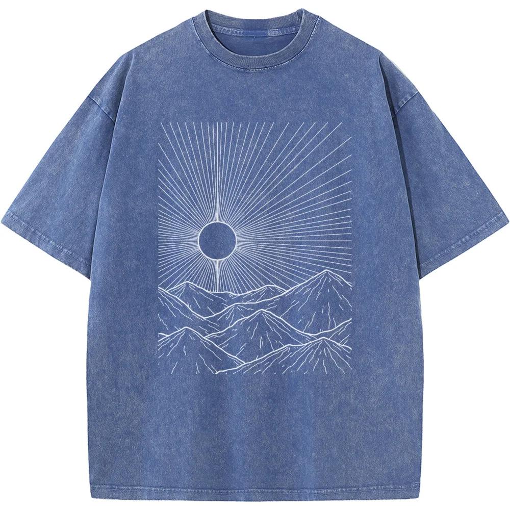 Outdoor Linear Peak Print Unisex Washed T-Shirt Cotton Summer Bleached Tshirt Funny Casual Loose Bleach Tee