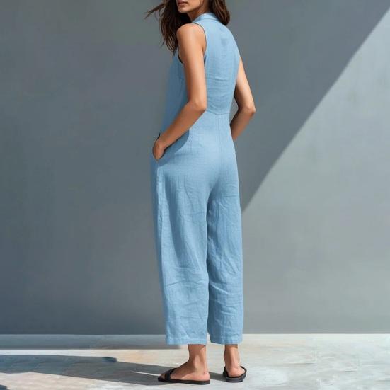 Women's Summer Sleeveless Jumpsuit Button Up Stand Collar Loose One Piece Overalls Casual Wide Leg Long Pants Rompers with Pockets