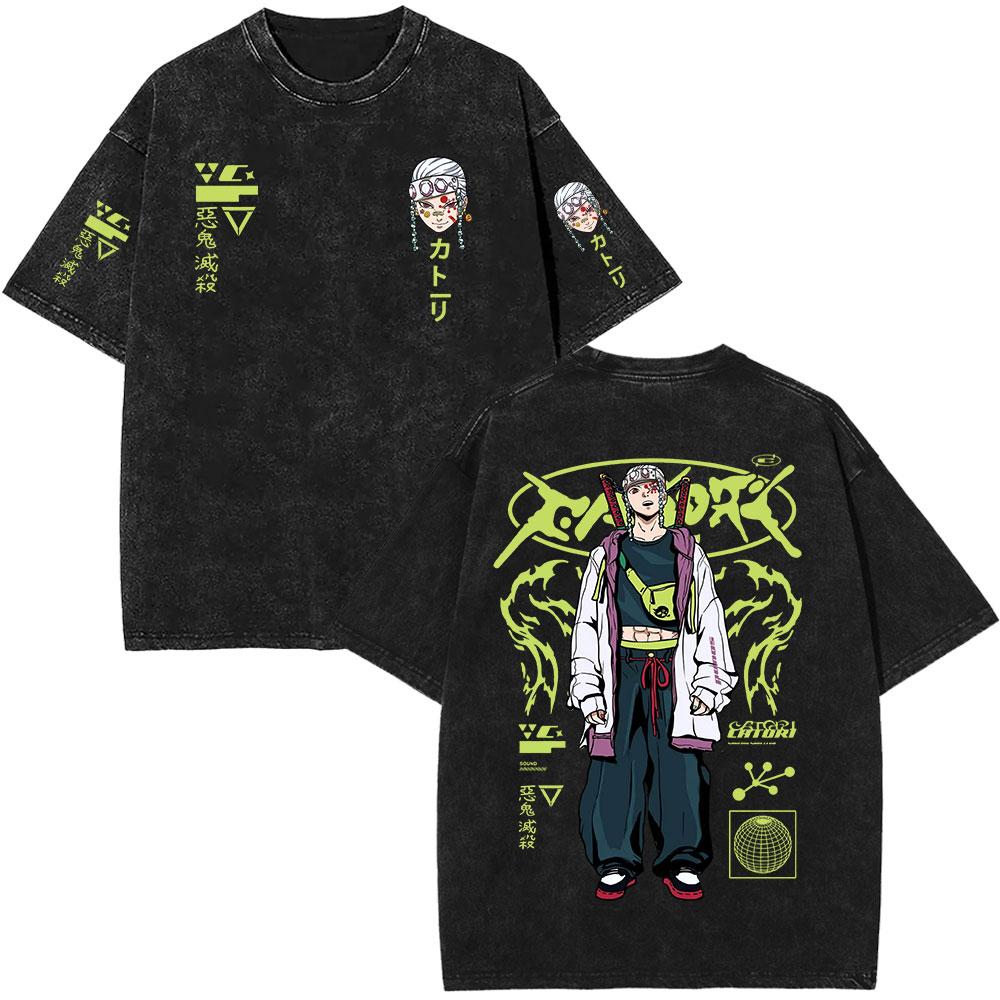 Kimetsu No Yaiba Anime Demon Slayer T-shirt Tengen Uzui Manga T-shirt Vintage Lavé Hommes Confortable Décontracté Streetwear T-shirt