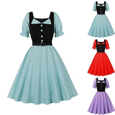 Damen Literarischer Retro Anzugkragen Gepunktetes Kurzarmkleid mit großem Schwingrock