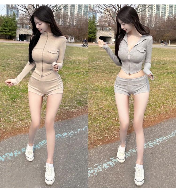 South Korea Slim Fit Pure Desire Long Sleeve Hoodie & Shorts Set for Women