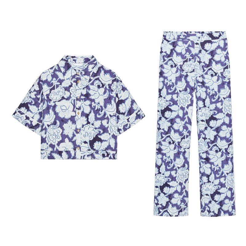 Summer Women's Flower Print Short Sleeve Lapel Short Shirt 3149596 Loose Casual Trousers 2657596