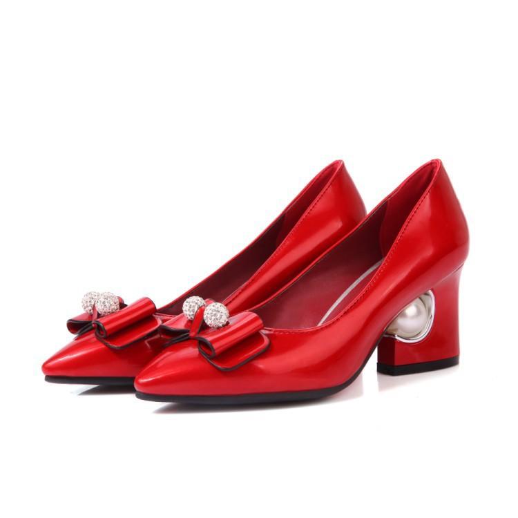 Spring, summer and autumn new sweet bow middle heel single shoes women's sexy pointed rhinestone thick heel shoes