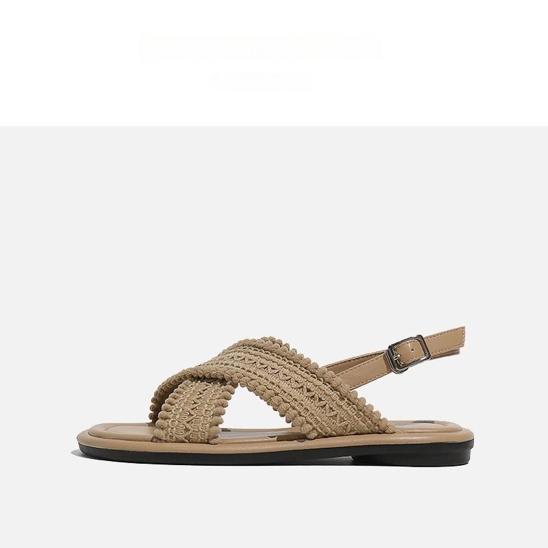 

Women s sandals women s summer flat bottom 2025 new Korean version simple non-slip open-toed knitted cross-strap thin Roman shoes 35