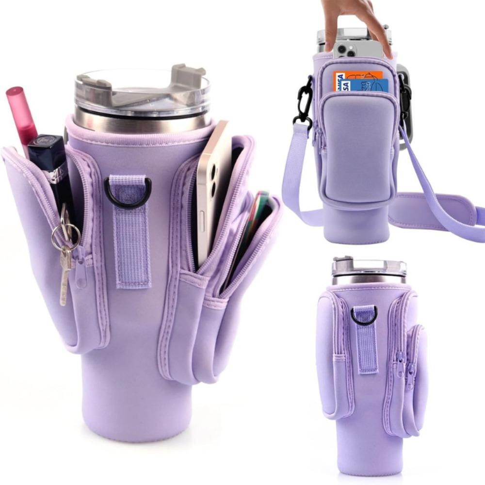 3 Pockets Water Bottle Holder Pouch With Phone Pocket with Keychain & Mountaineering Button Water Cup Bags Adjustable Strap