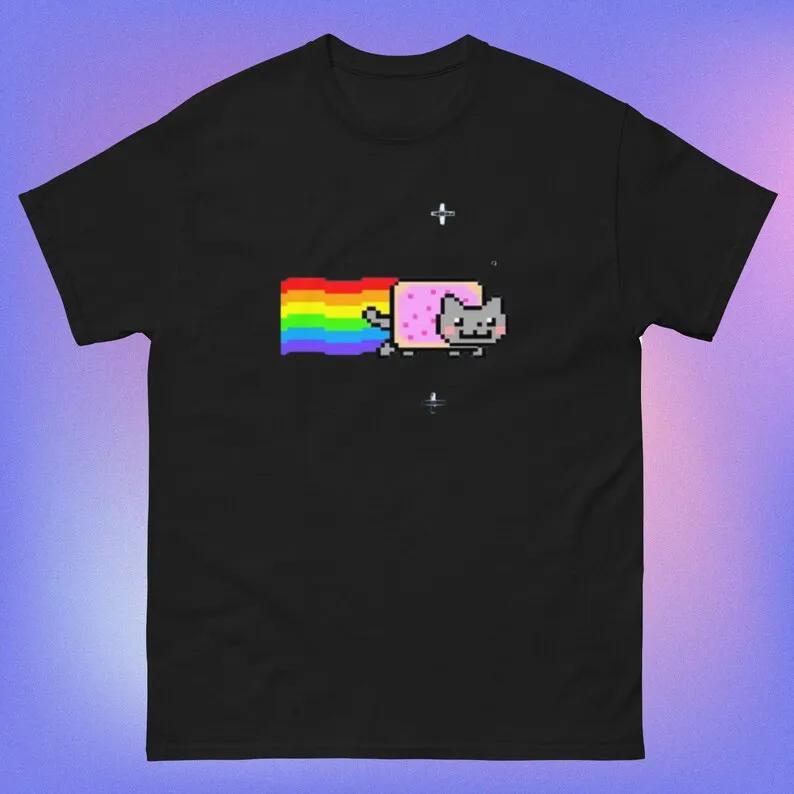 Hip Hop Y2K Vintage Print Short Sleeve Nyan Cat with Rainbow TShirt Funny Meme Creative Top Casual Loose Street Wear Unisex