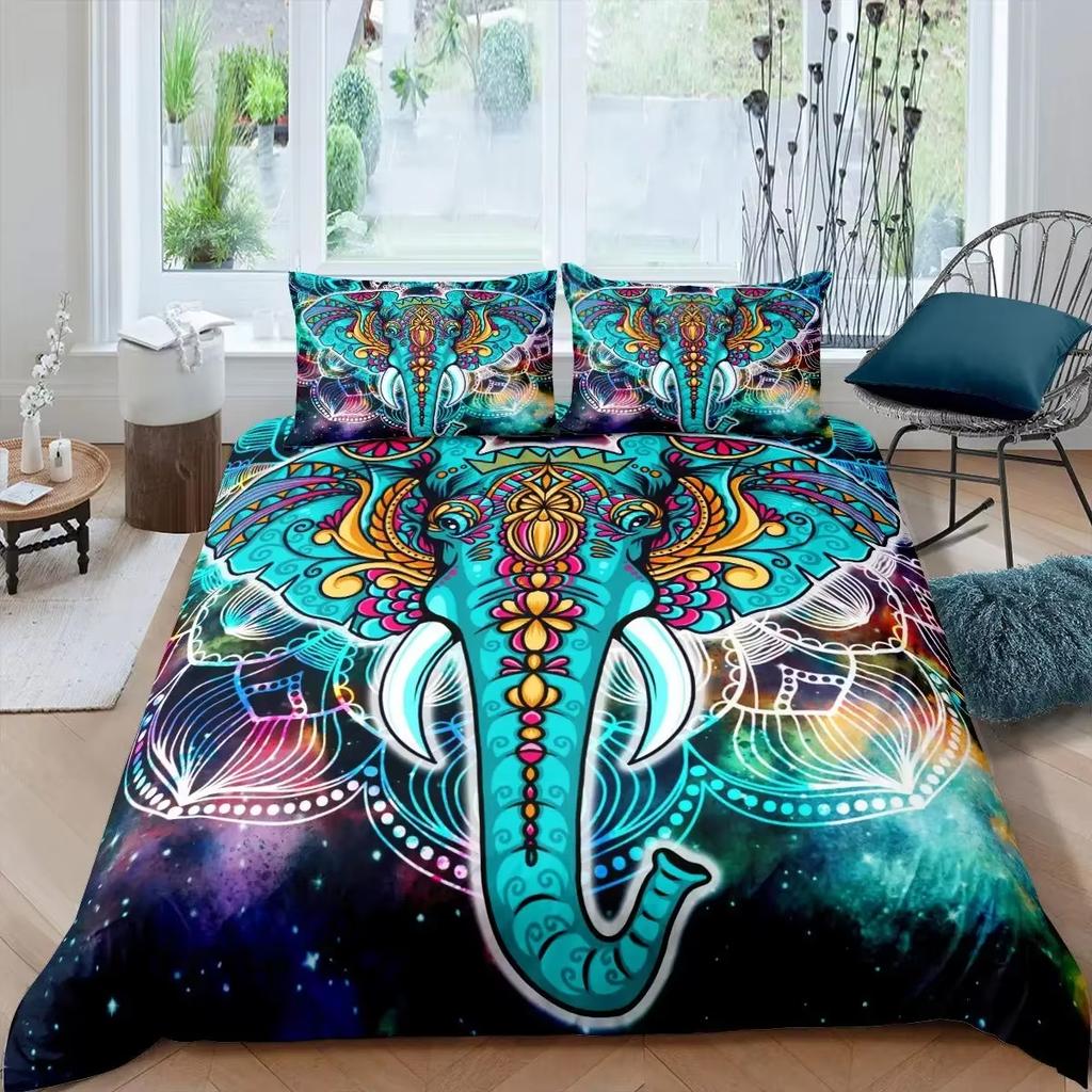 Elephant Duvet Cover Set Boho Vintage Luxury Bedding Colorful Exotic Quilt Covers Tribal Ethnic Home Room Decor Comforter Cover