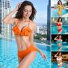 Women Bikini Set, Push-Up Cup with Built-In Steel Support Bikini Set, Double Layer Ruffle Trim Swimming Suit, Adjustable Hanging Neck Strap High