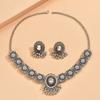 Vintage Geometric Silver Necklace Earring Set For Women With Glittering Crystals Spring