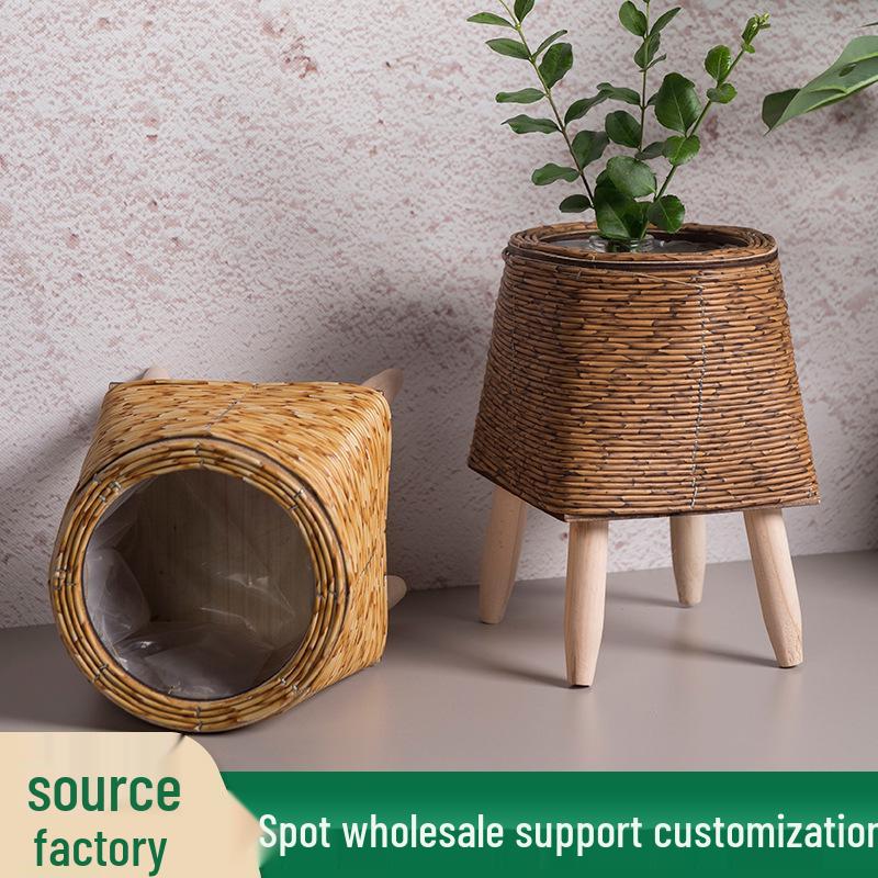 Indoor Faux Rattan Triangular Flower Stand - Creative Succulent Holder, Desktop Straw Woven Pot.