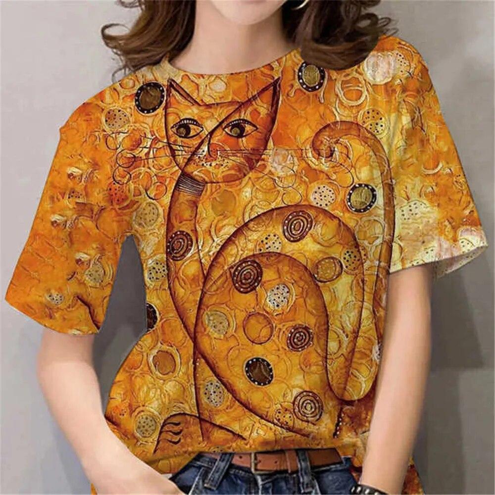 Camiseta para Mujer con Estampado 3D de Gato de Anime de Dibujos Animados, Cuello Redondo, Manga Corta Blanca, Ropa para Mujer, Tops de Verano Casual, Sudadera