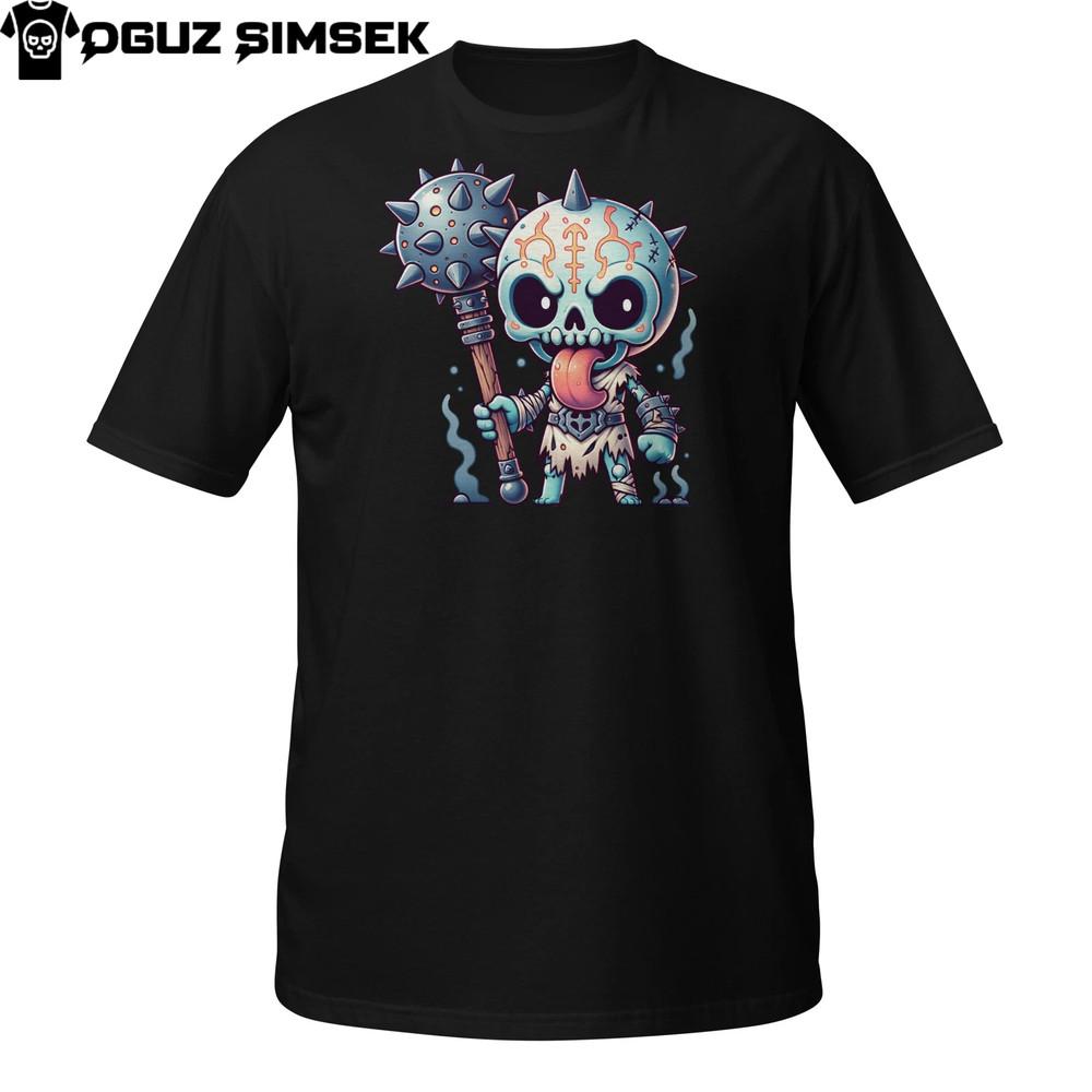 

Tribal Skull Warrior T-Shirt | Crazy Skeleton with Spiked Club | Cartoon Bone L
