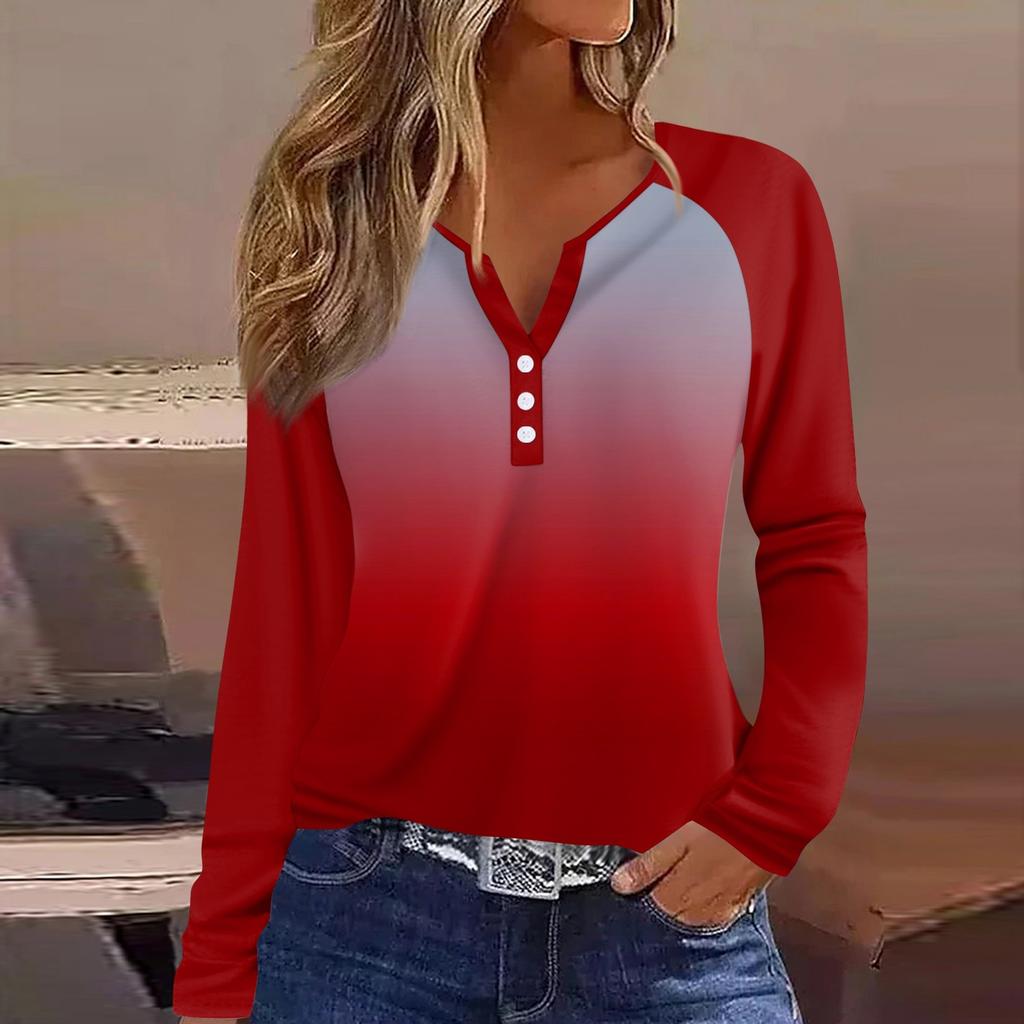 Women's T Shirt Print Button Long Sleeve Daily Weekend Fashion Basic V- Neck Regular Top