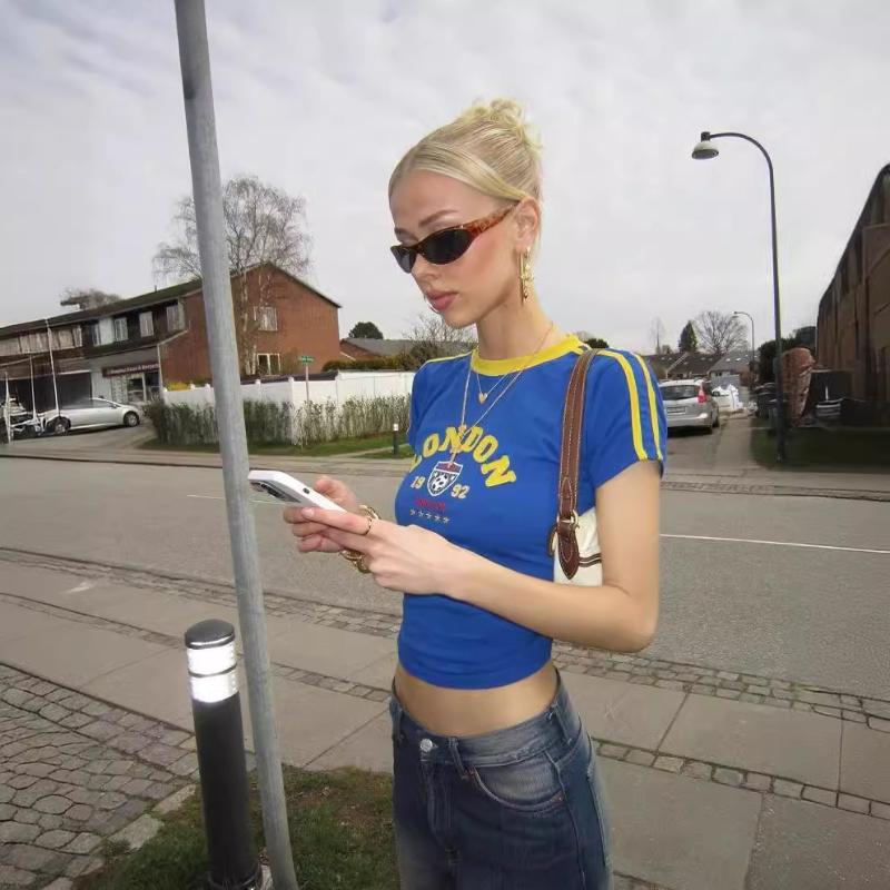 European and American Printed Women's Solid Color Short Top Slim Fitting T-shirt for Women