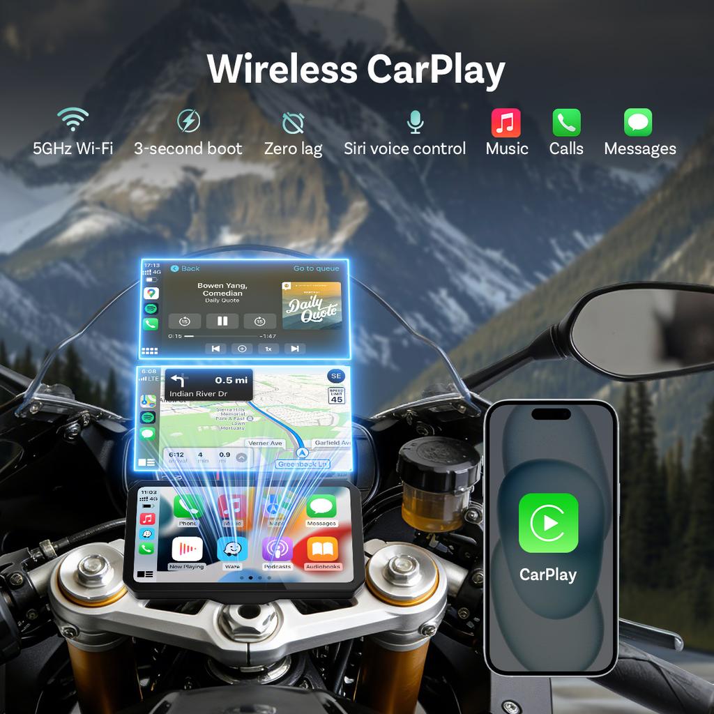 OTTOCAST C6 Wireless CarPlay Android Auto Motorcycle Screen with DVR TPMS IP67 Waterproof 6 inch Motorcycle Touchscreen