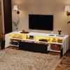 Móvel de TV de Alto Brilho 180*38,5*45cm, Armário de TV com Iluminação LED, 2 Gavetas, 2 Portas, Prateleiras Abertas, para TV de 80 Polegadas, Branco + Preto