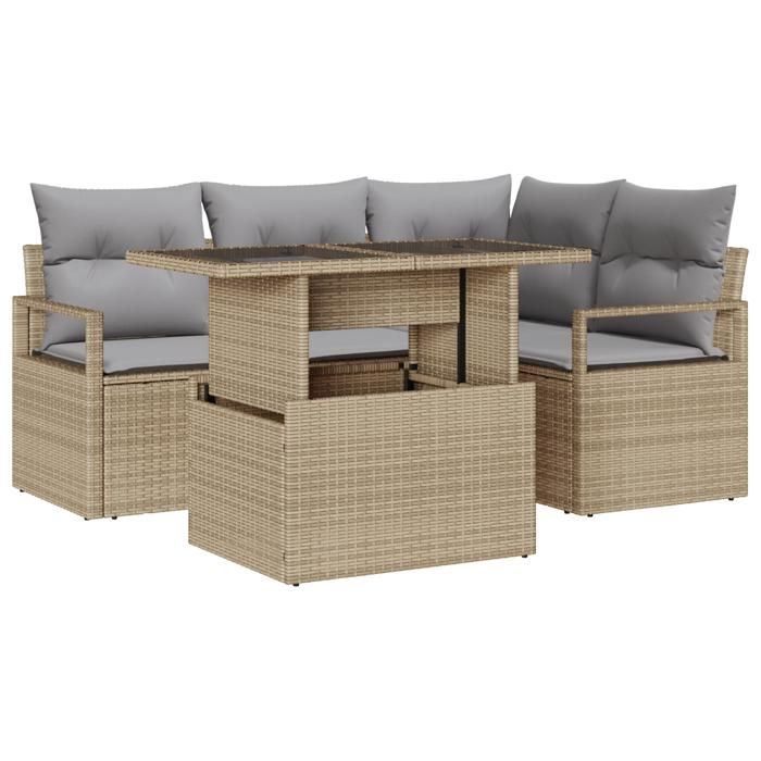 Ensemble de Canapés de Jardin de 5 Pièces avec Coussins Rattan Poly Beige, Canapé de Jardin 2 Places avec Coussins Rattan 3348816